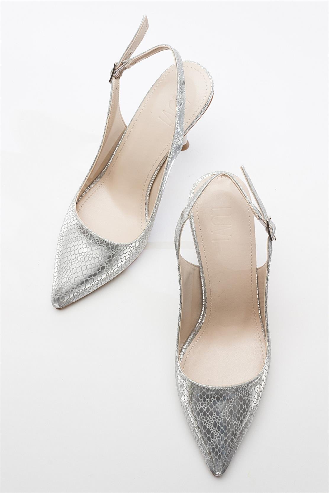 Orfo - Silver High Heel Shoe – heel view showing leather, silver, red, Vowalisse