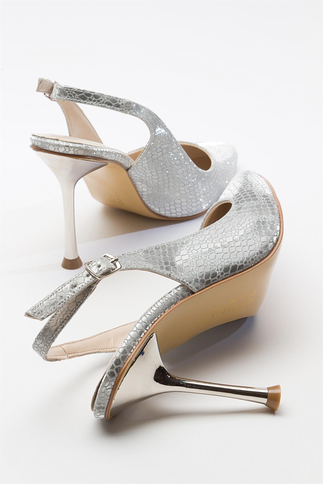 Orfo - Silver High Heel Shoe – back view showing leather, silver, red, Vowalisse
