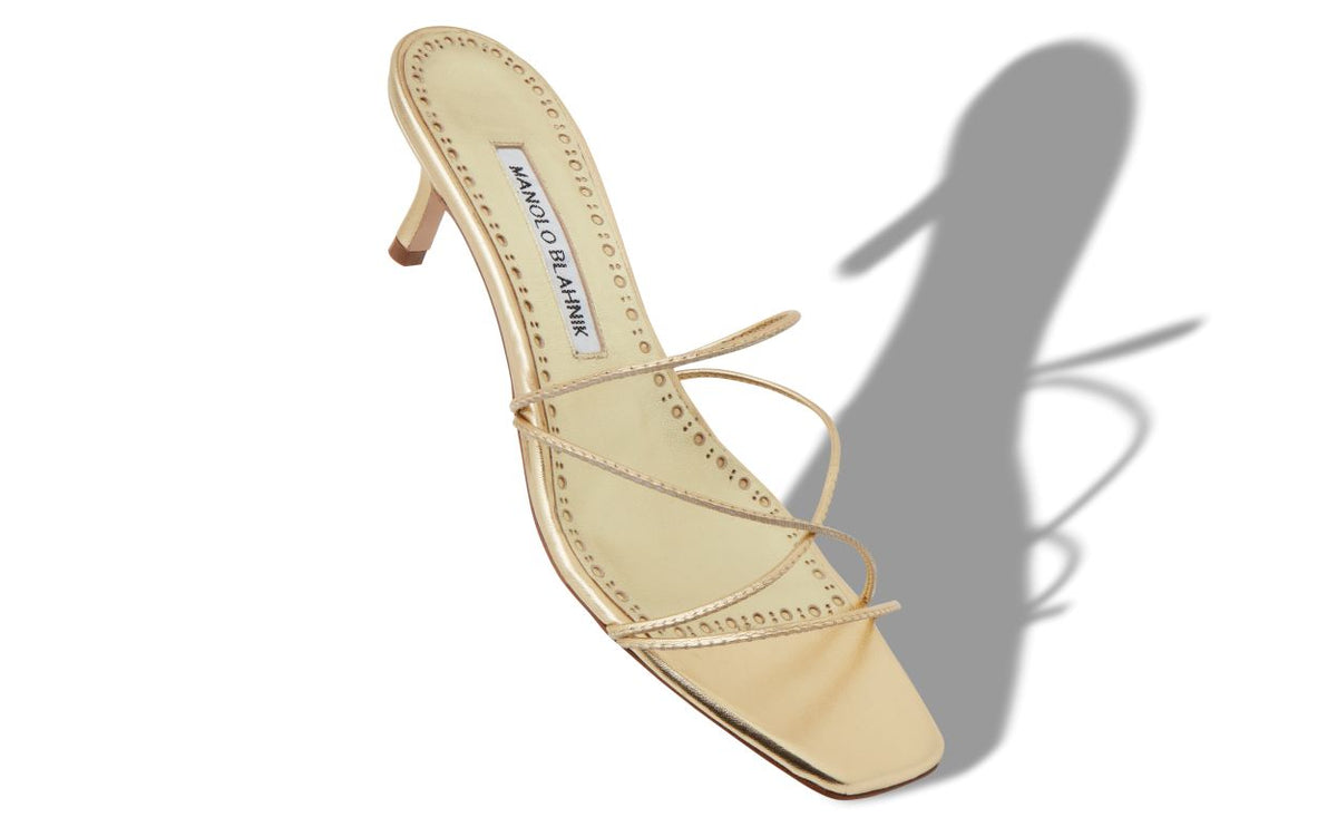Estelle Dawn Gold Open Toe Mules – front three-quarter view showing gold open toe, nappa leather, Vowalisse