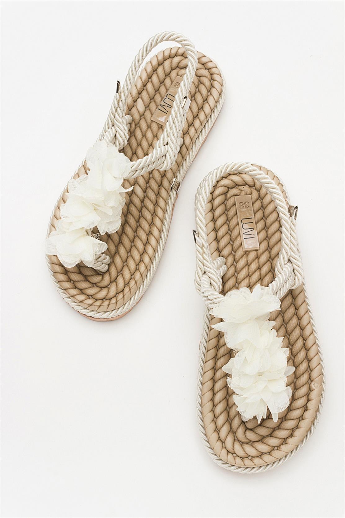 SANTRA Beige Lace-Up Thong Sandals – detail view showing lace, leather, Vowalisse