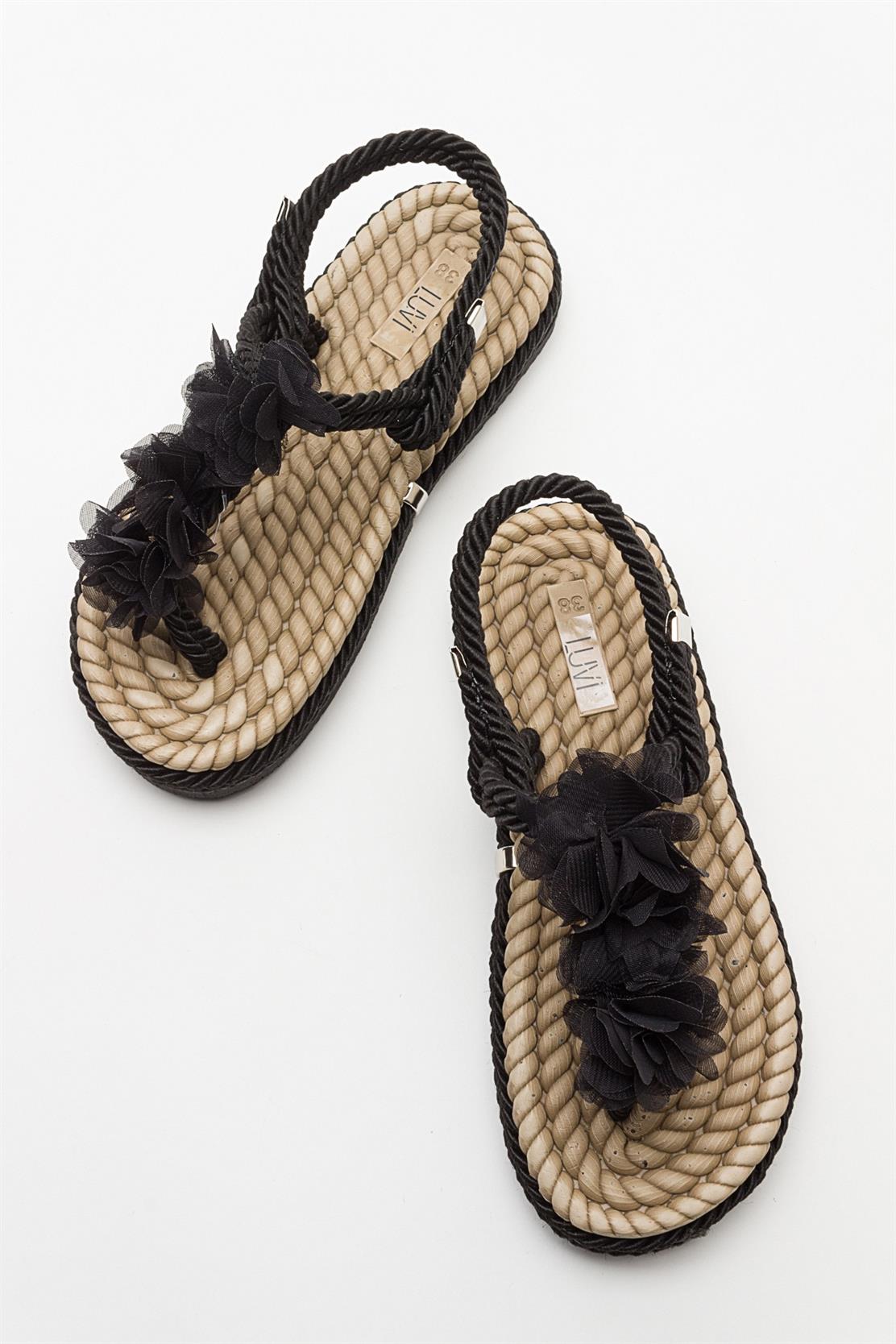 SANTRA Black Lace-Up Thong Sandals – detail view showing lace, leather, black, Vowalisse