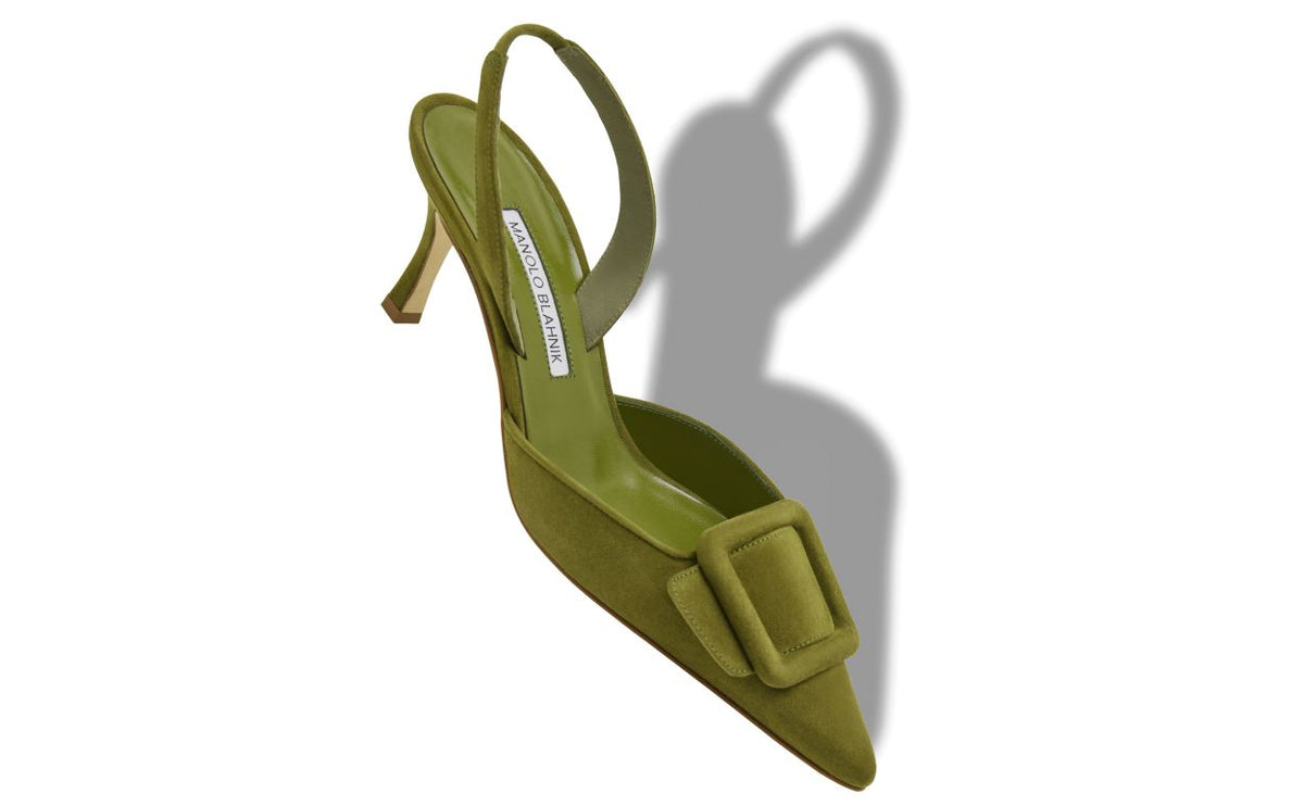 Rosalie Flame Green Slingback Slingbacks – front three-quarter view showing green slingback, pointed toe, suede, Vowalisse
