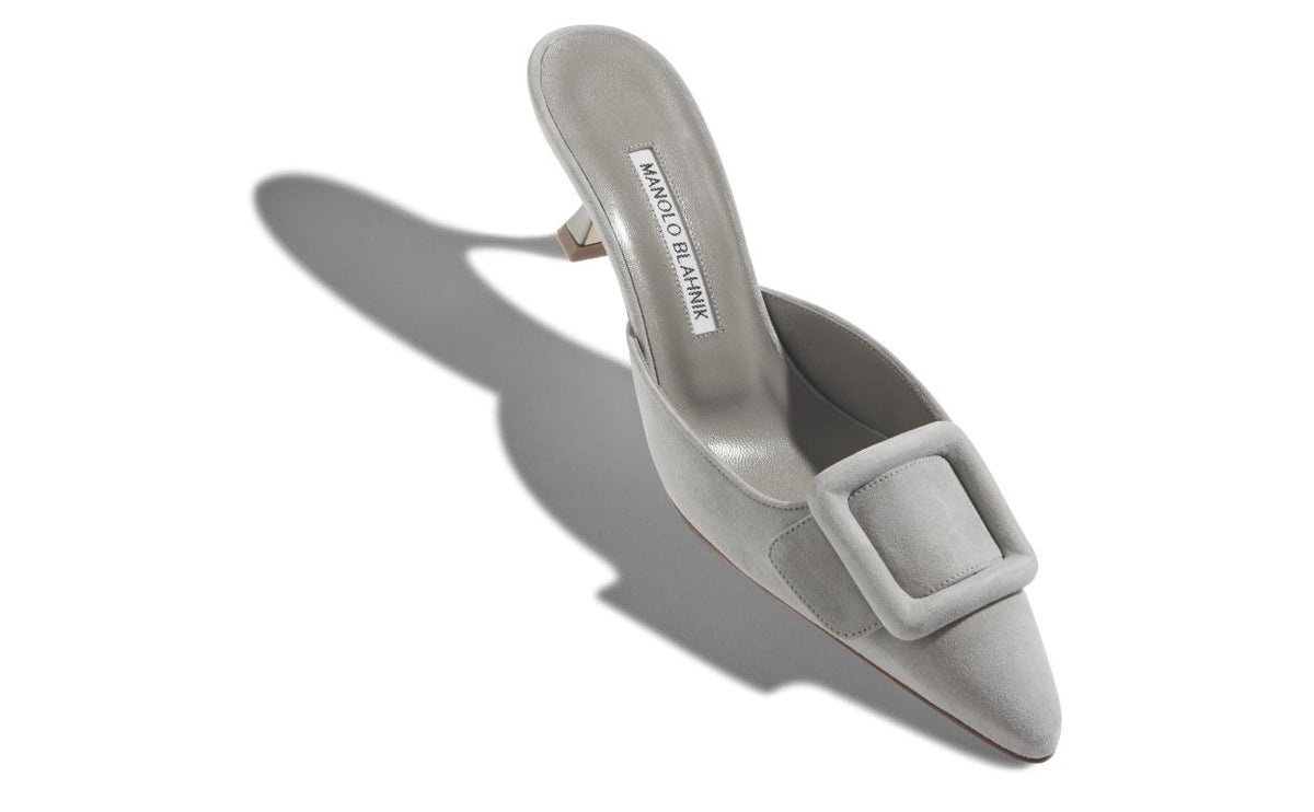 Aurelia Crown Grey Suede Mules – front three-quarter view showing grey suede, Vowalisse