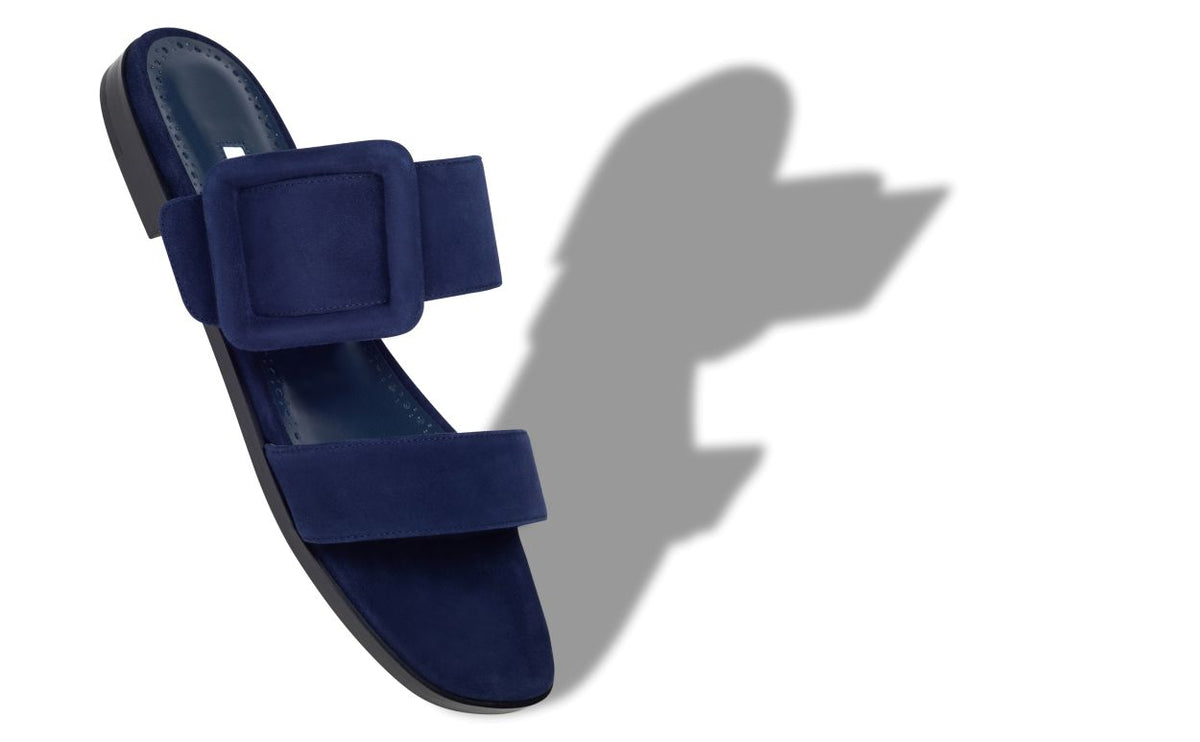 Aurelia Muse Blue Open Toe Mules – front three-quarter view showing blue open toe, suede, Vowalisse