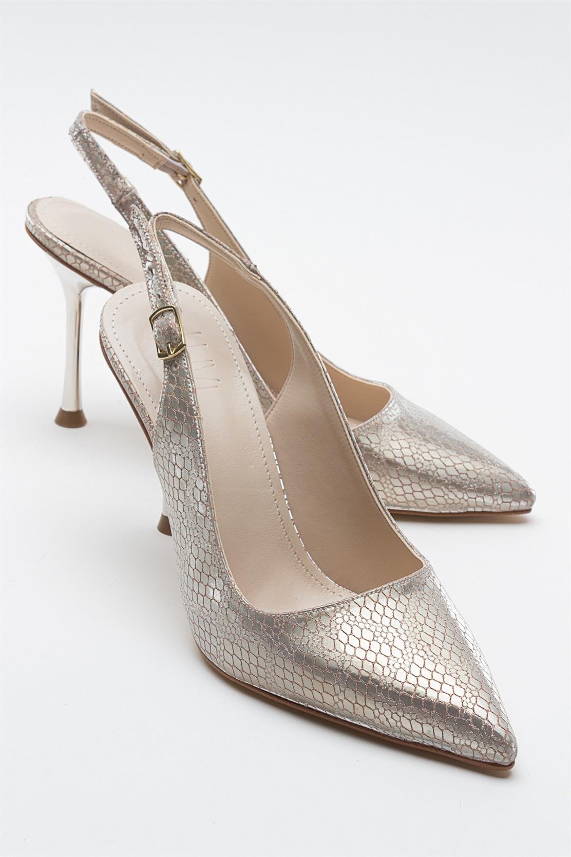 Orfo - Gold Patterned High Heel Shoe – front three-quarter view showing leather, gold, Vowalisse