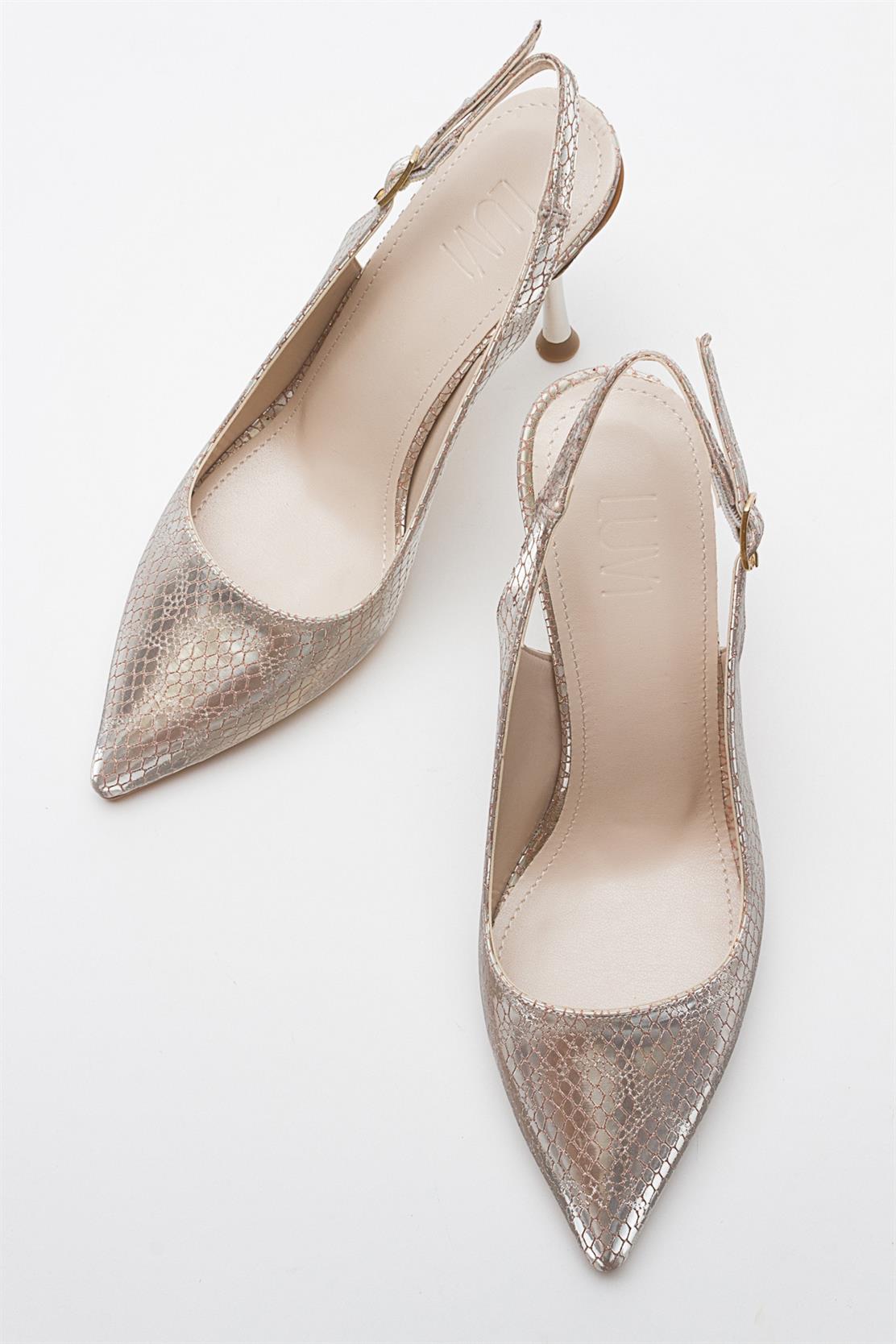 Orfo - Gold Patterned High Heel Shoe – heel view showing leather, gold, Vowalisse