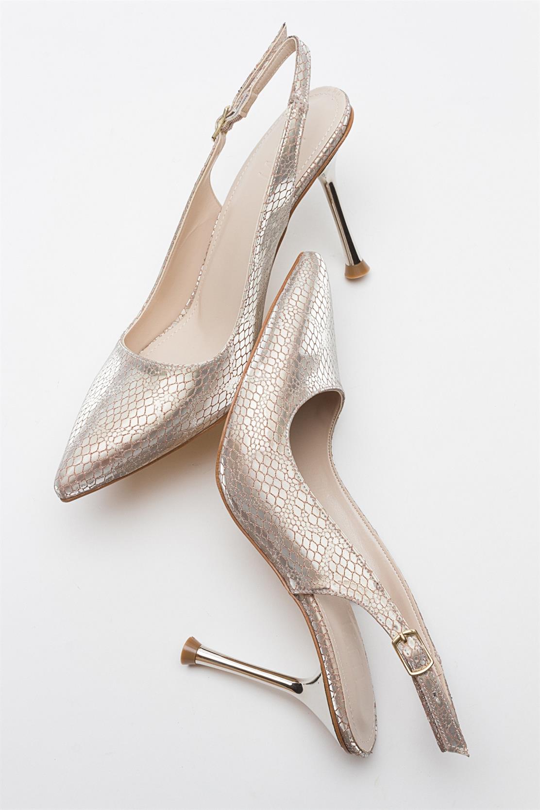 Orfo - Gold Patterned High Heel Shoe – back view showing leather, gold, Vowalisse