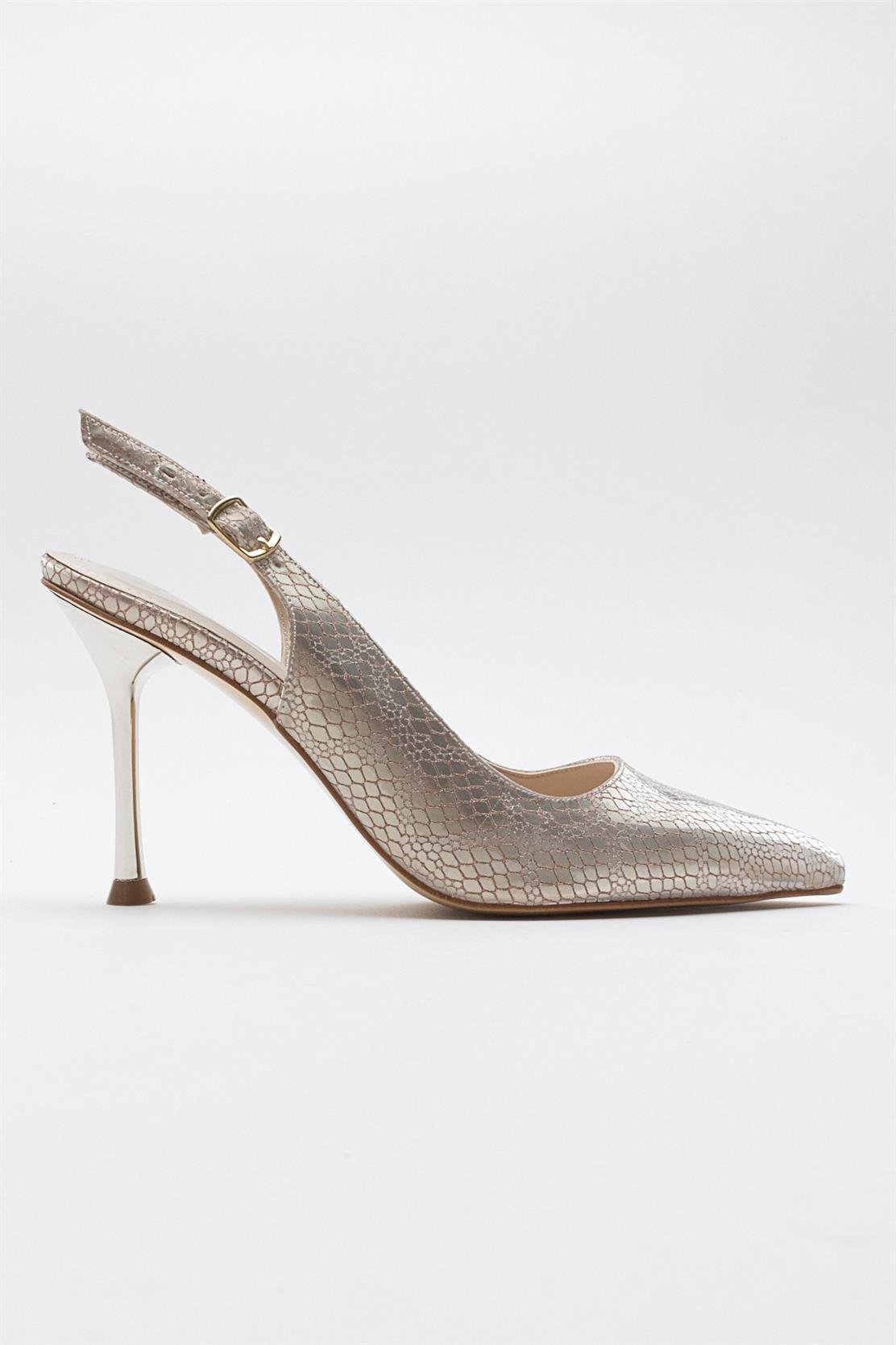 Orfo - Gold Patterned High Heel Shoe – top view showing leather, gold, Vowalisse