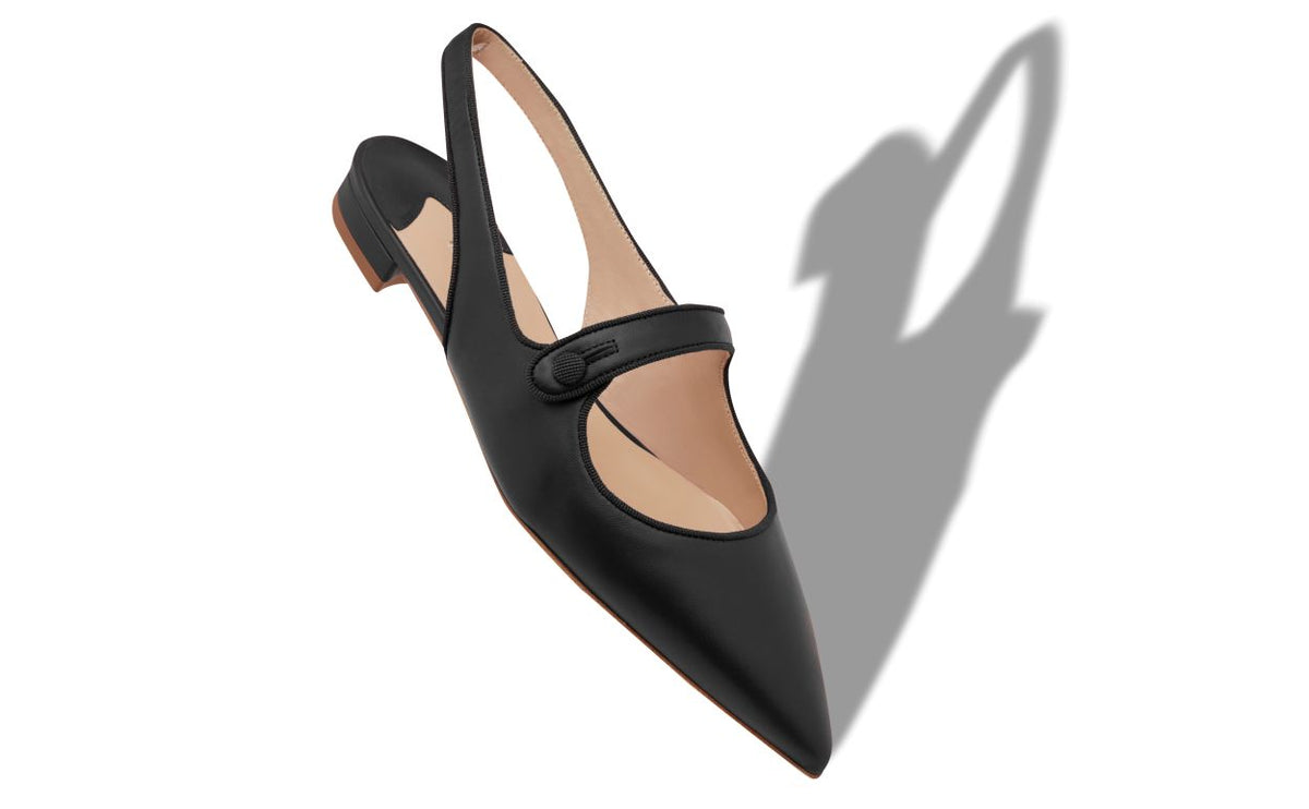 Noelle Halo Black Slingback Slingbacks – front three-quarter view showing black slingback, pointed toe, nappa leather…
