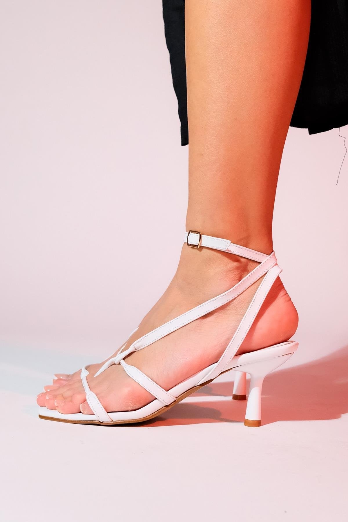 Mias - White Heeled Sandal – heel view showing leather, white, Vowalisse