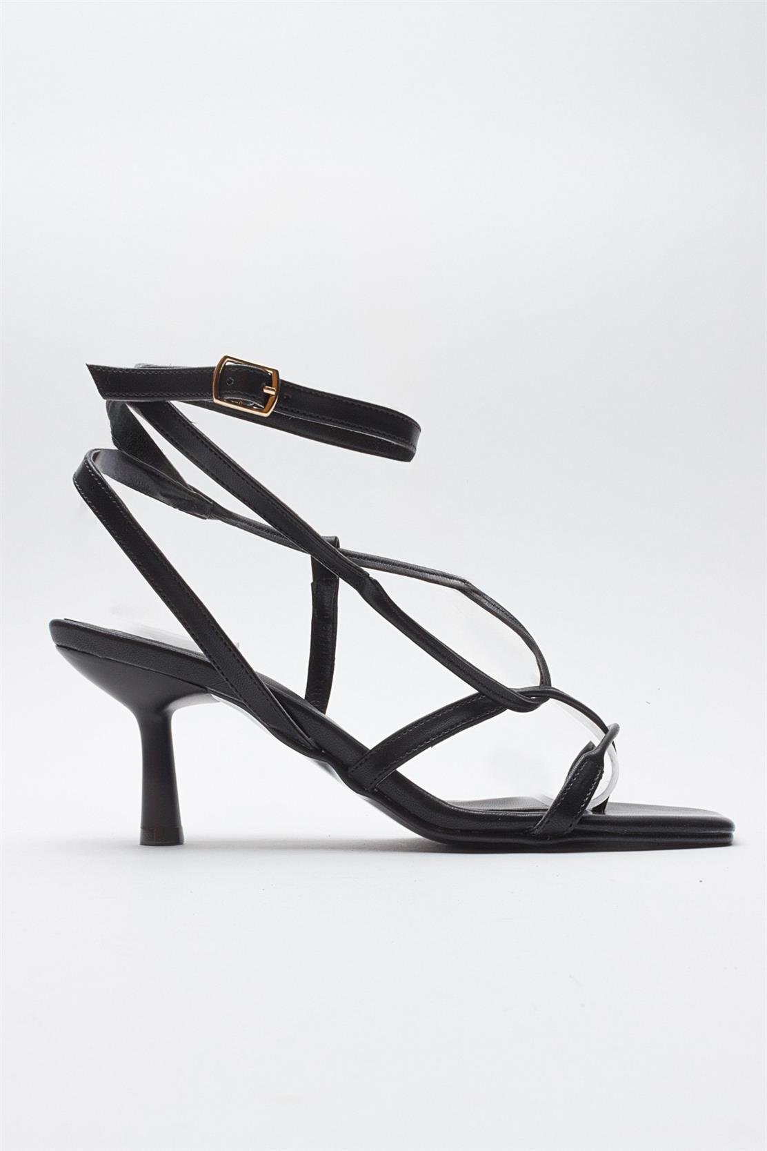 Mias - Black Heeled Sandal – top view showing leather, black, Vowalisse
