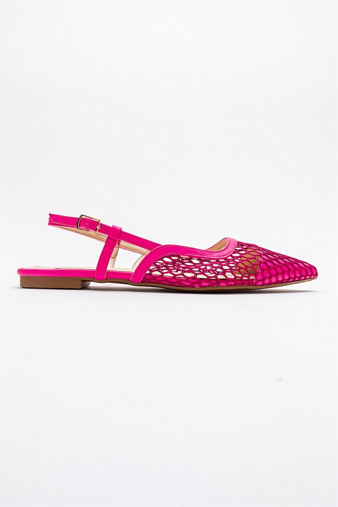 Brace Fuchsia Mesh Flat Sandal – top view showing leather, mesh, Vowalisse