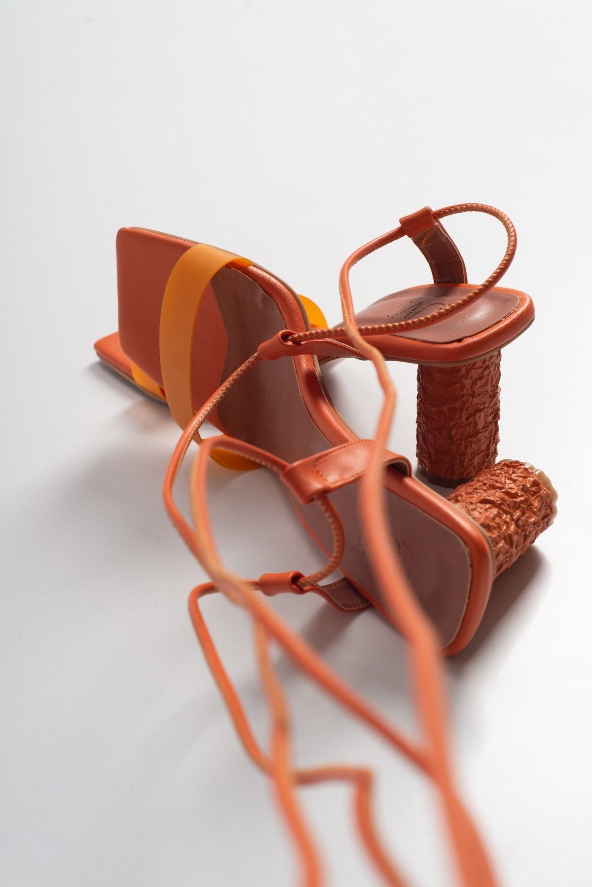 Rhea Orange Block Heel Sandal – heel view showing leather, Vowalisse