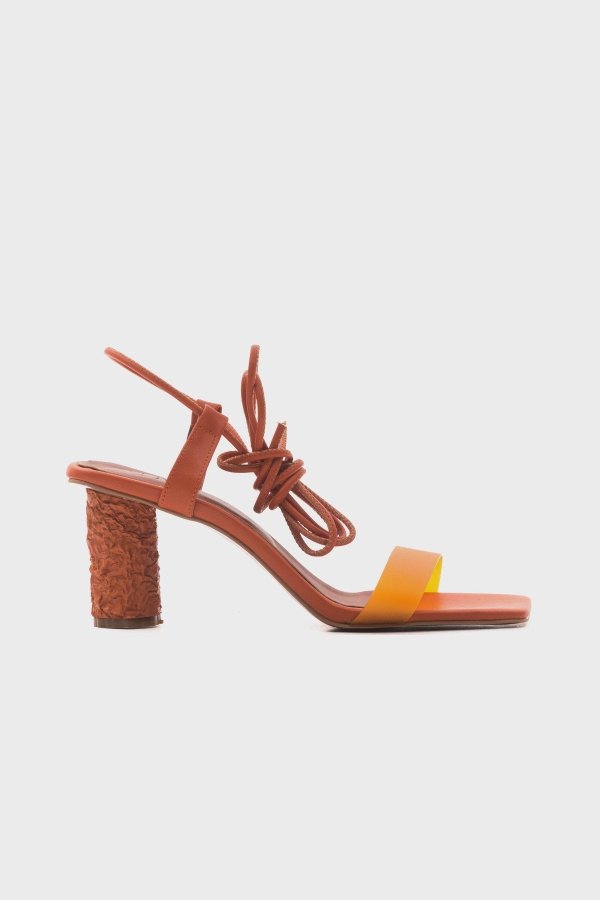Rhea Orange Block Heel Sandal – back view showing leather, Vowalisse