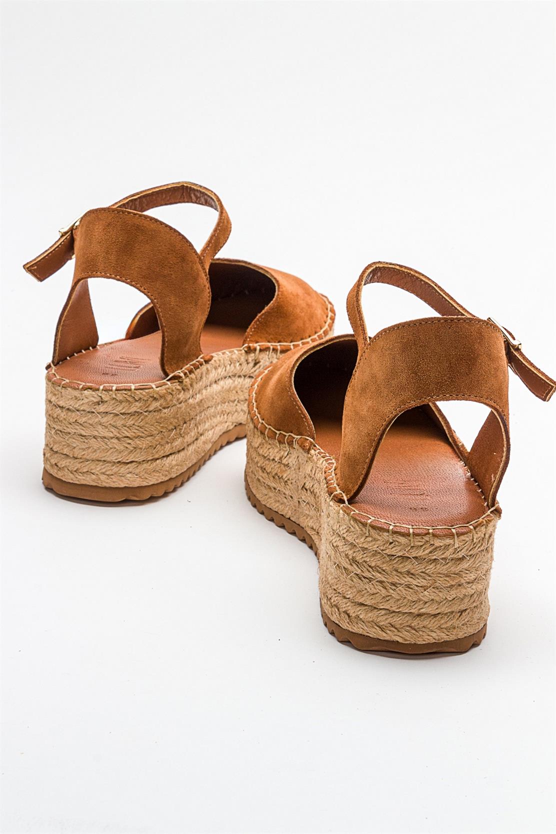 Viba - Cognac Brown Suede Leather Espadrilles – heel view showing leather, suede, red, Vowalisse