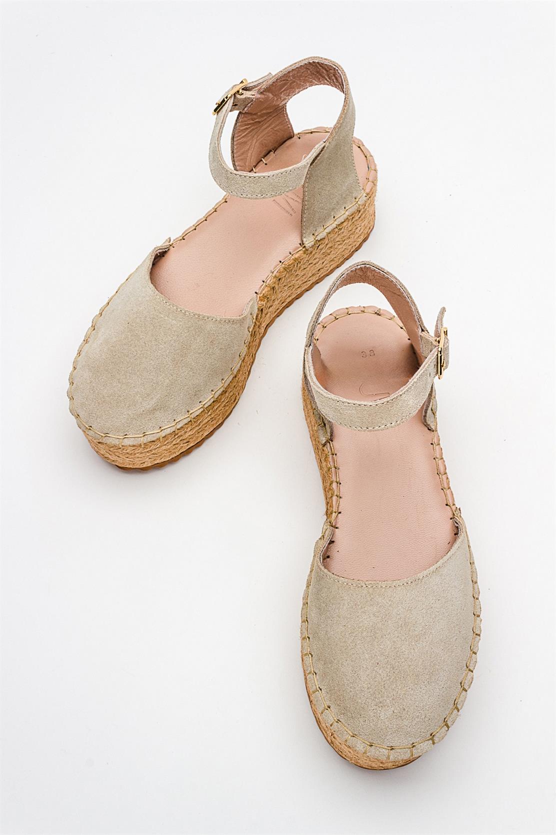 Viba - Beige Suede Leather Espadrilles – heel view showing leather, suede, red, Vowalisse