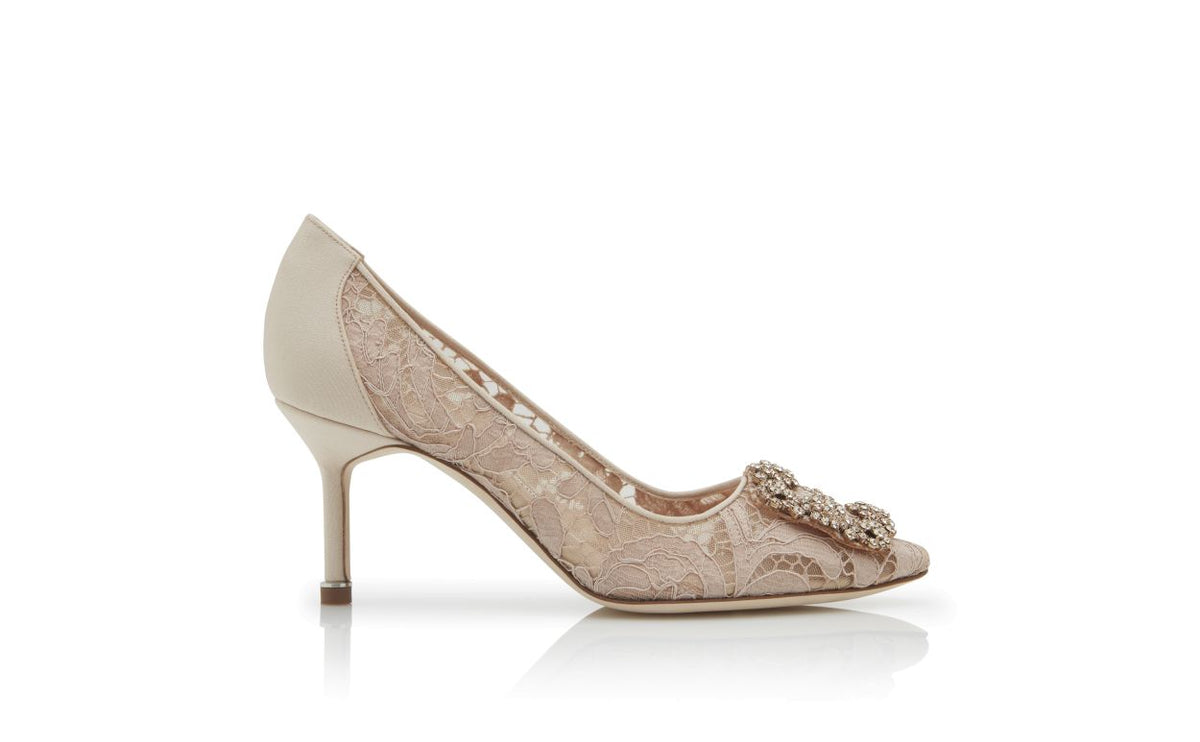 Clarisse Dawn Neutral Jewel Buckle Pumps – side profile showing neutral jewel buckle, crystal buckle, almond toe, satin…
