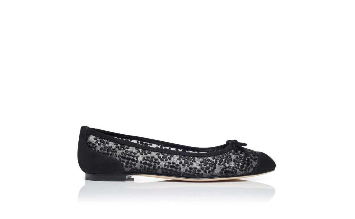 Colette Jewel Black Bow Detail Pumps – side profile showing black bow detail, round toe, suede, lace, Vowalisse
