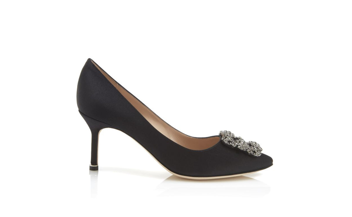 Marielle Belle Black Jewel Buckle Pumps – side profile showing black jewel buckle, crystal buckle, almond toe, satin…