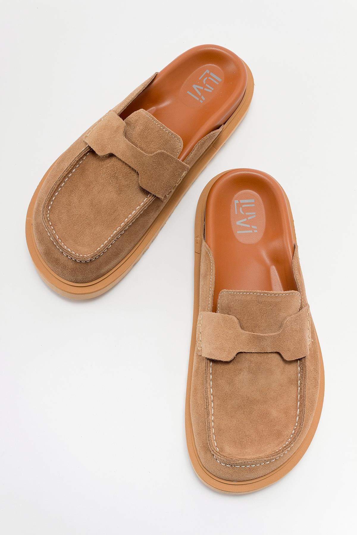 Laven - Cognac Brown Suede Leather Clogs – side view showing leather, suede, red, Vowalisse