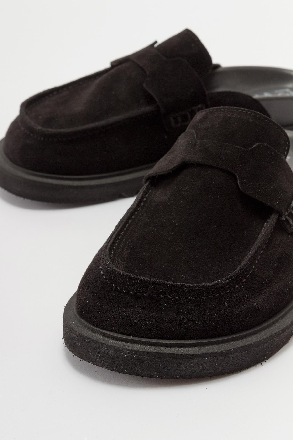 Laven - Black Suede Leather Clogs – back view showing leather, suede, black, Vowalisse
