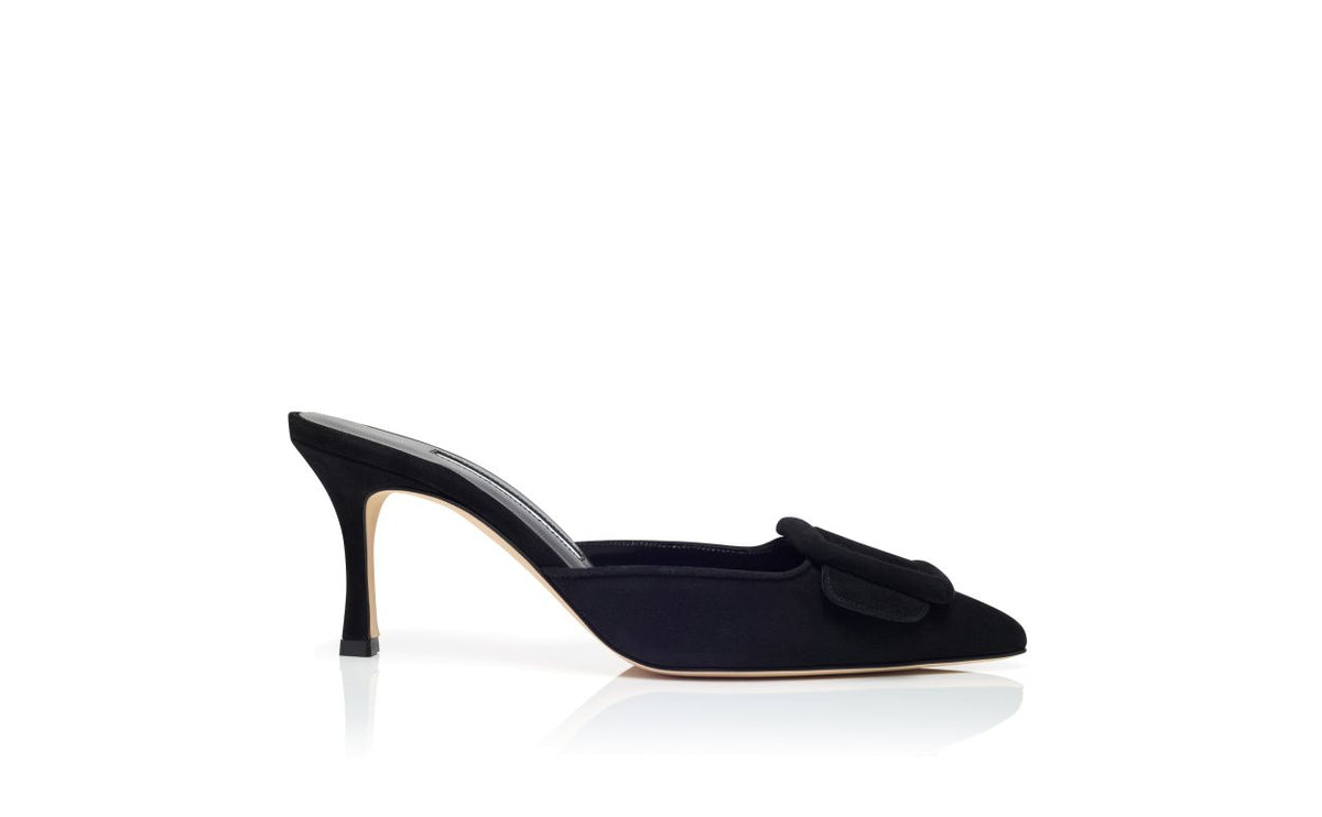 Arabella Dawn Black Pointed Toe Mules – side profile showing black pointed toe, suede, Vowalisse