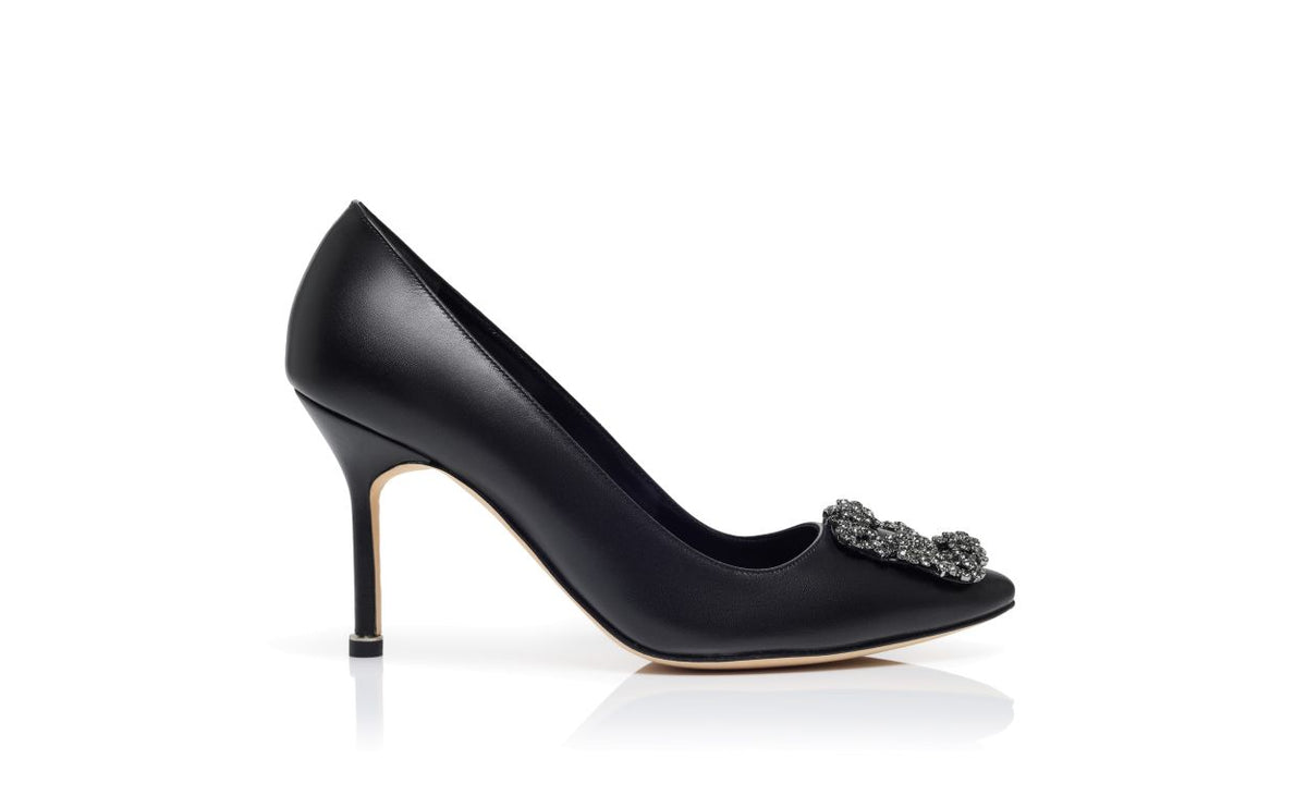 Delphine Muse Black Jewel Buckle Pumps – side profile showing black jewel buckle, crystal buckle, almond toe, Vowalisse