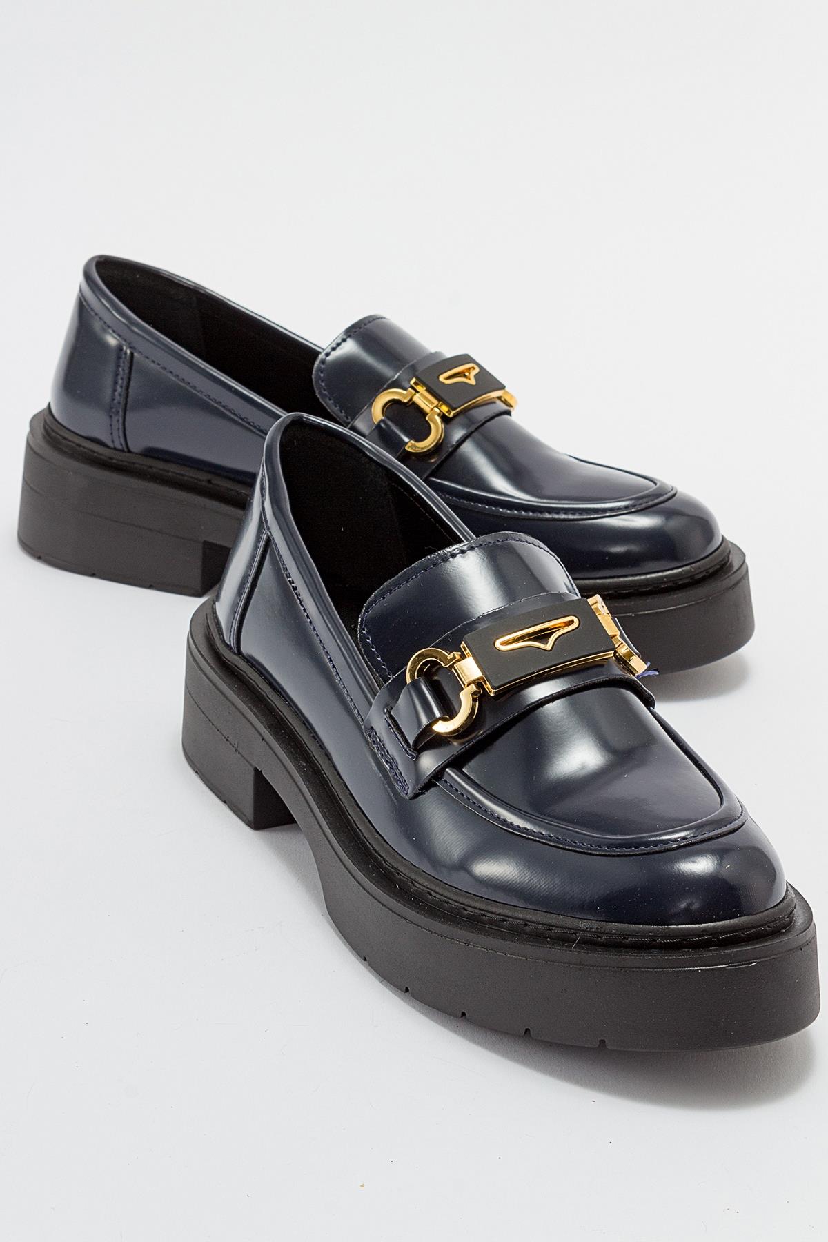 Simone - Navy Patent Bit Platform Loafers – front three-quarter view showing leather, suede, Vowalisse