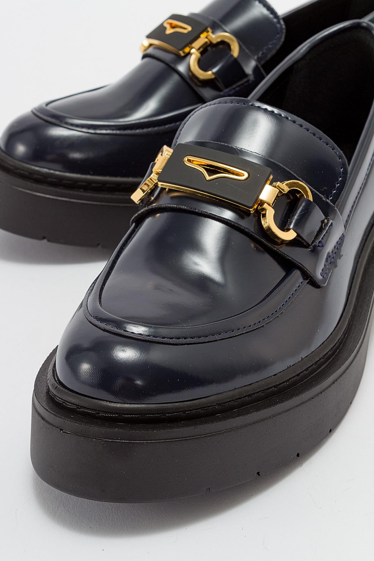 Simone - Navy Patent Bit Platform Loafers – heel view showing leather, suede, Vowalisse
