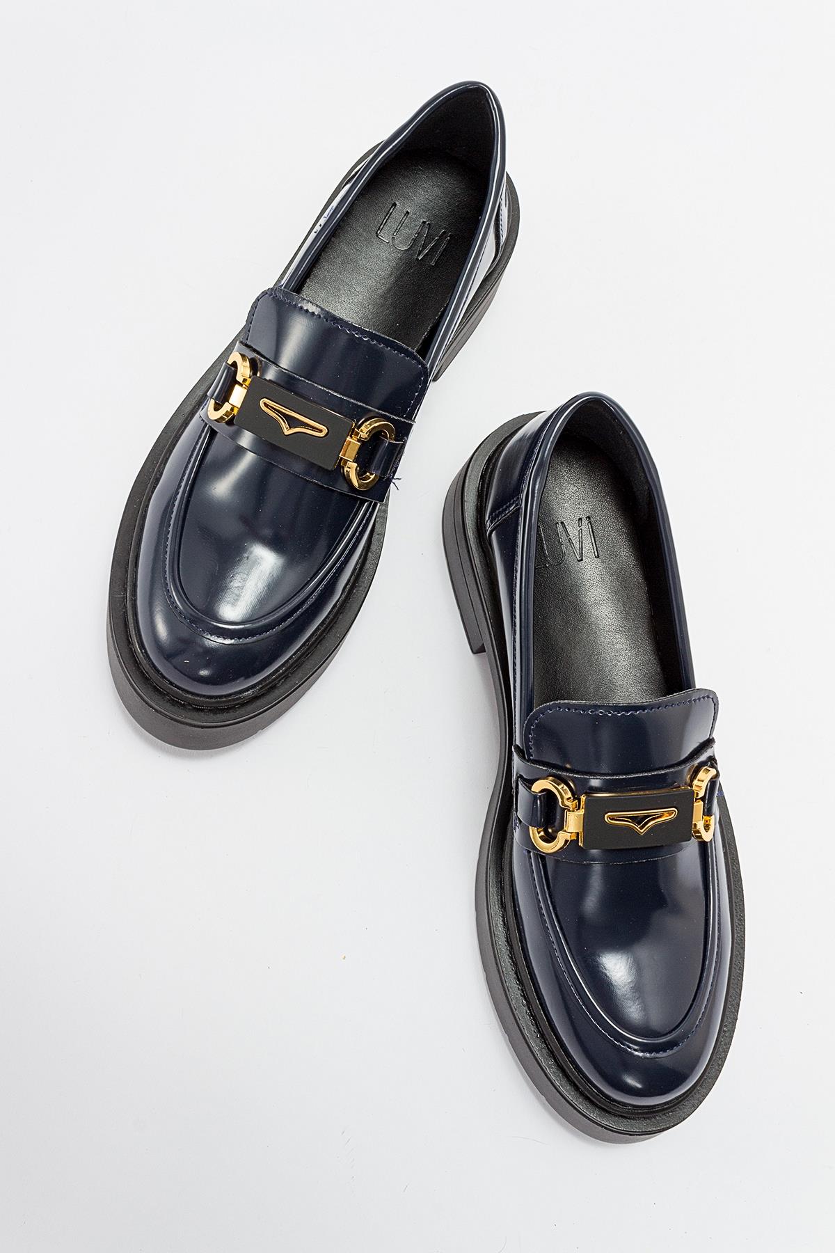 Simone - Navy Patent Bit Platform Loafers – top view showing leather, suede, Vowalisse