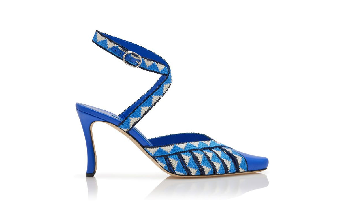 Leonora Rose Blue Ankle Strap Ankle-Strap Shoes – side profile showing blue ankle strap, almond toe, nappa leather…