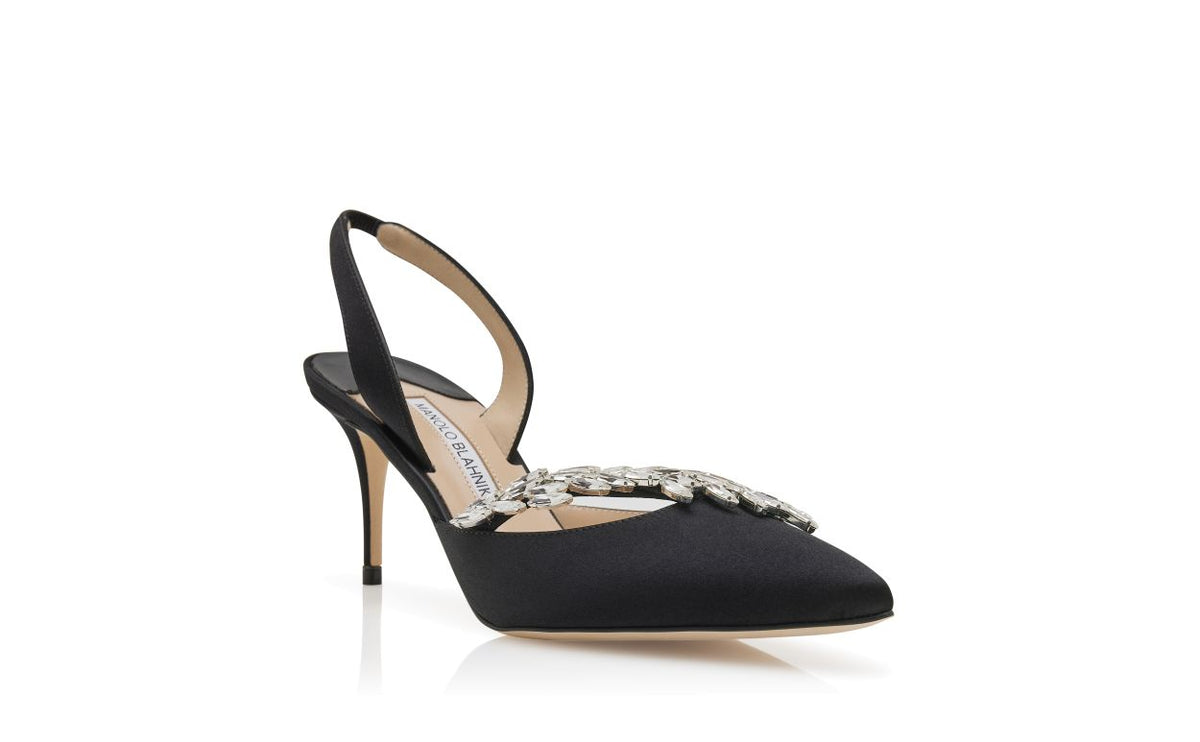 Lunette Muse Black Jewel Buckle Slingbacks – top view showing black jewel buckle, slingback, pointed toe, satin, Vowalisse