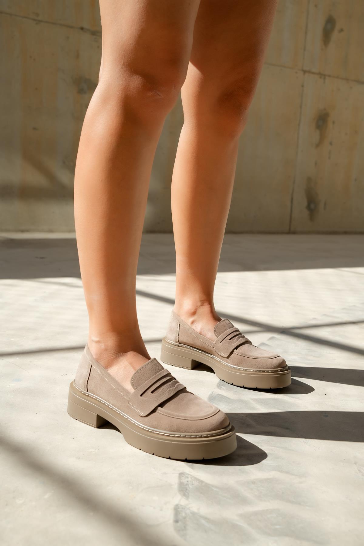 Josie - Beige Suede Loafers – front three-quarter view showing leather, suede, Vowalisse