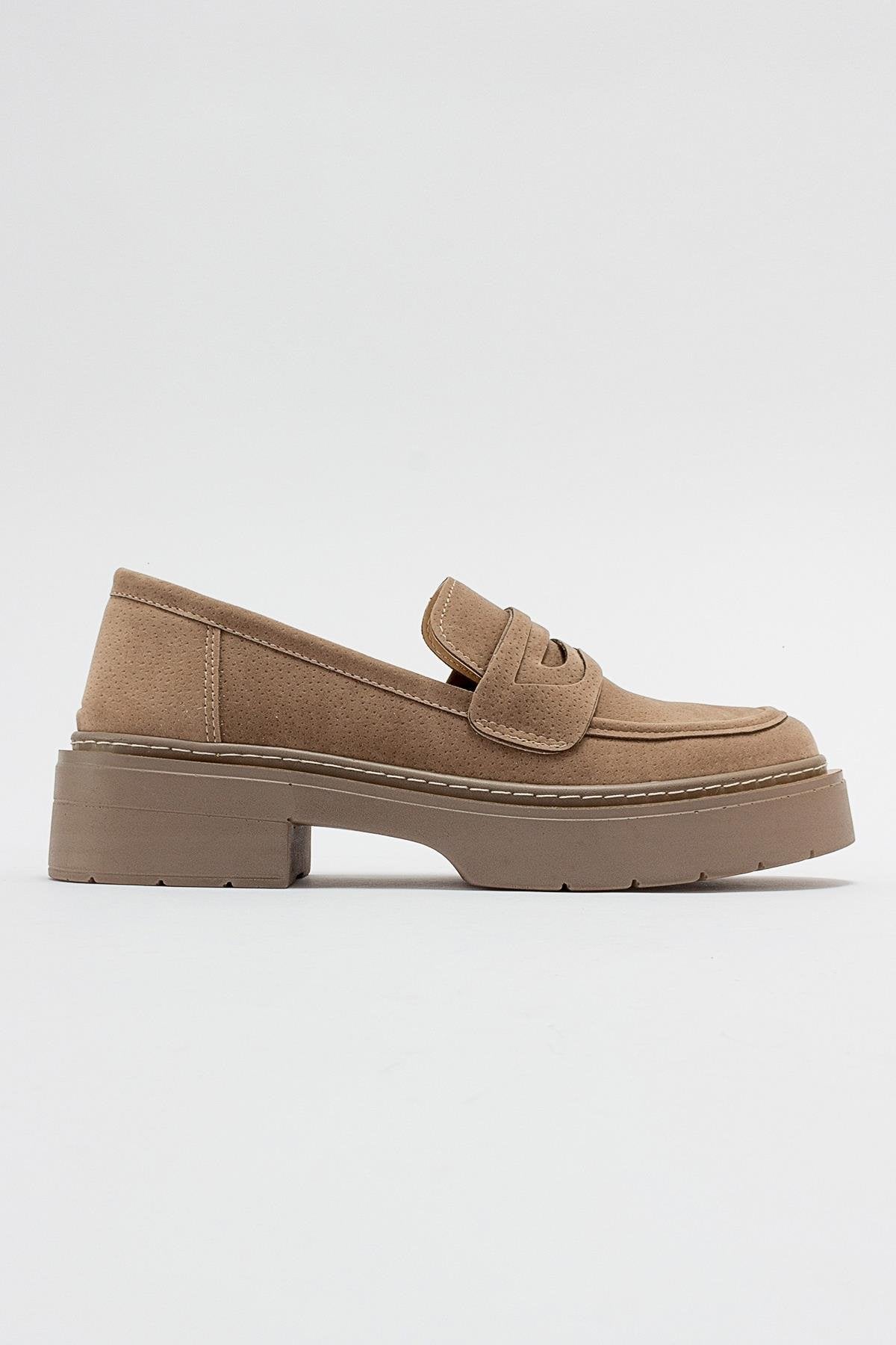 Josie - Beige Suede Loafers – sole view showing leather, suede, Vowalisse