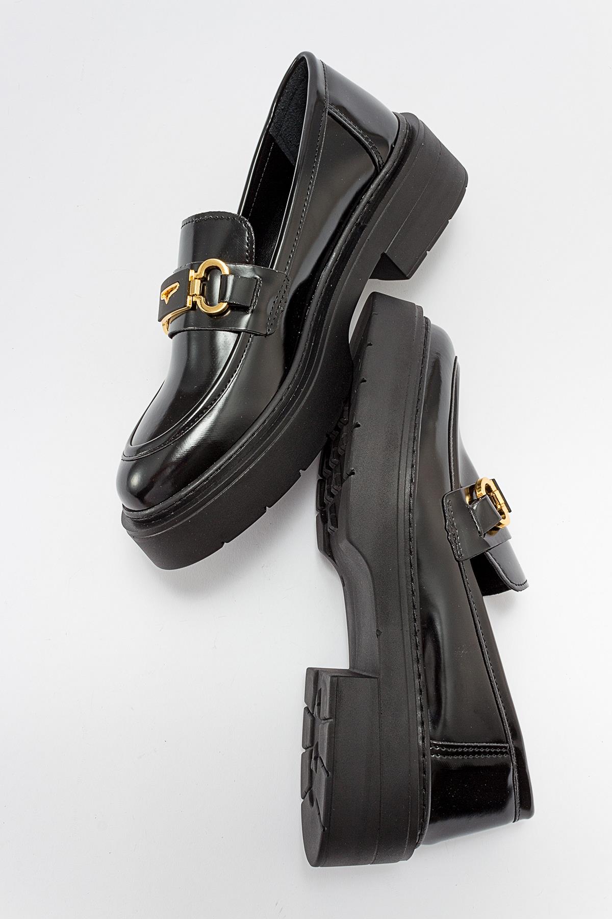 Simone - Black Patent Bit Platform Loafers – detail view showing leather, suede, black, Vowalisse