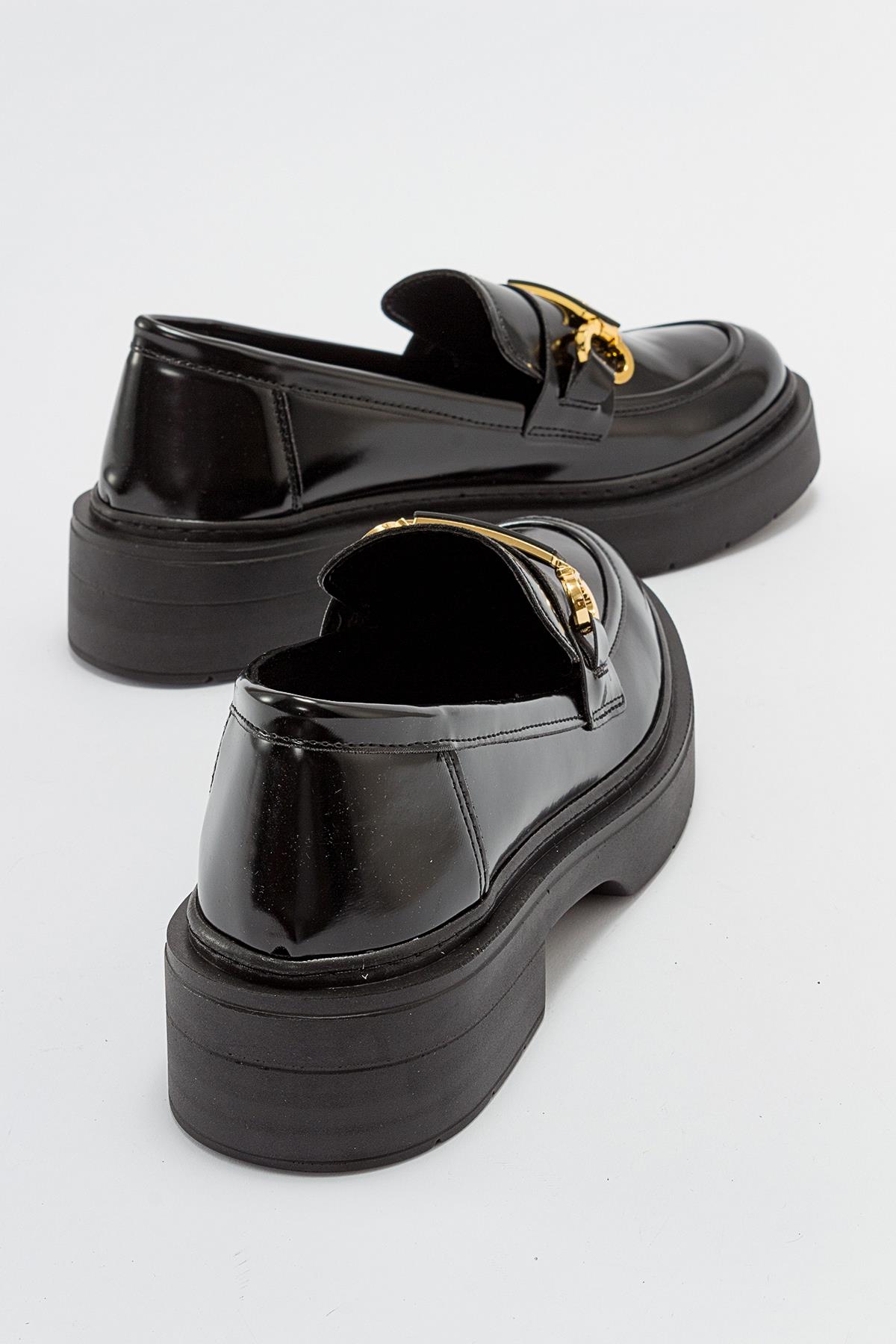 Simone - Black Patent Bit Platform Loafers – heel view showing leather, suede, black, Vowalisse