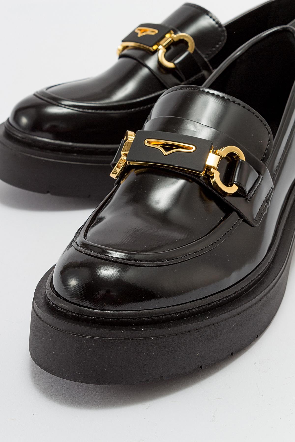 Simone - Black Patent Bit Platform Loafers – back view showing leather, suede, black, Vowalisse