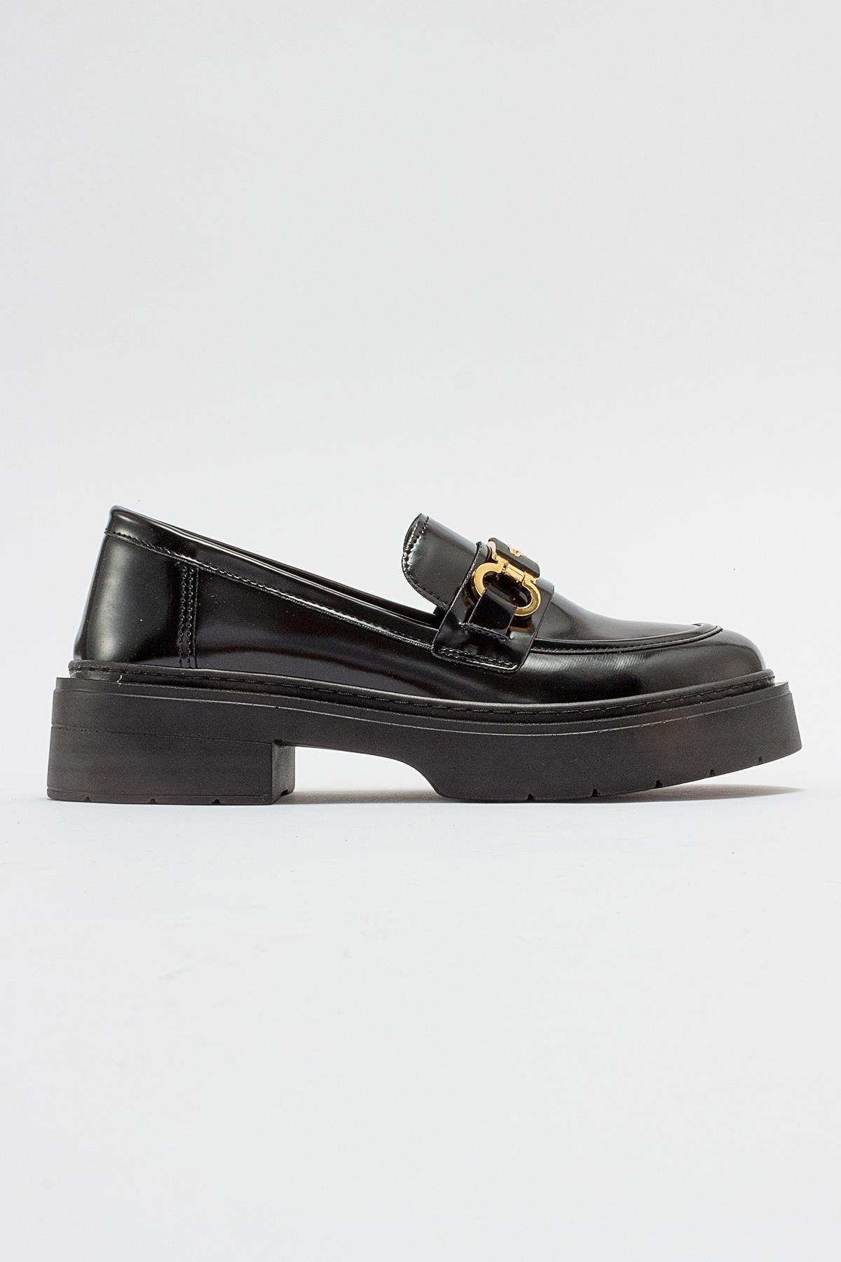 Simone - Black Patent Bit Platform Loafers – top view showing leather, suede, black, Vowalisse
