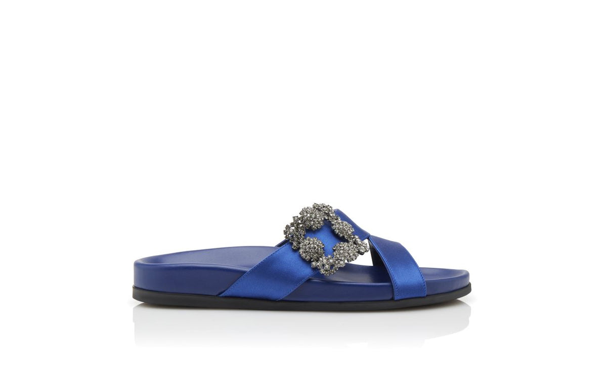Fiorella Halo Blue Jewel Buckle Mules – side profile showing blue jewel buckle, crystal buckle, crossover, open toe…