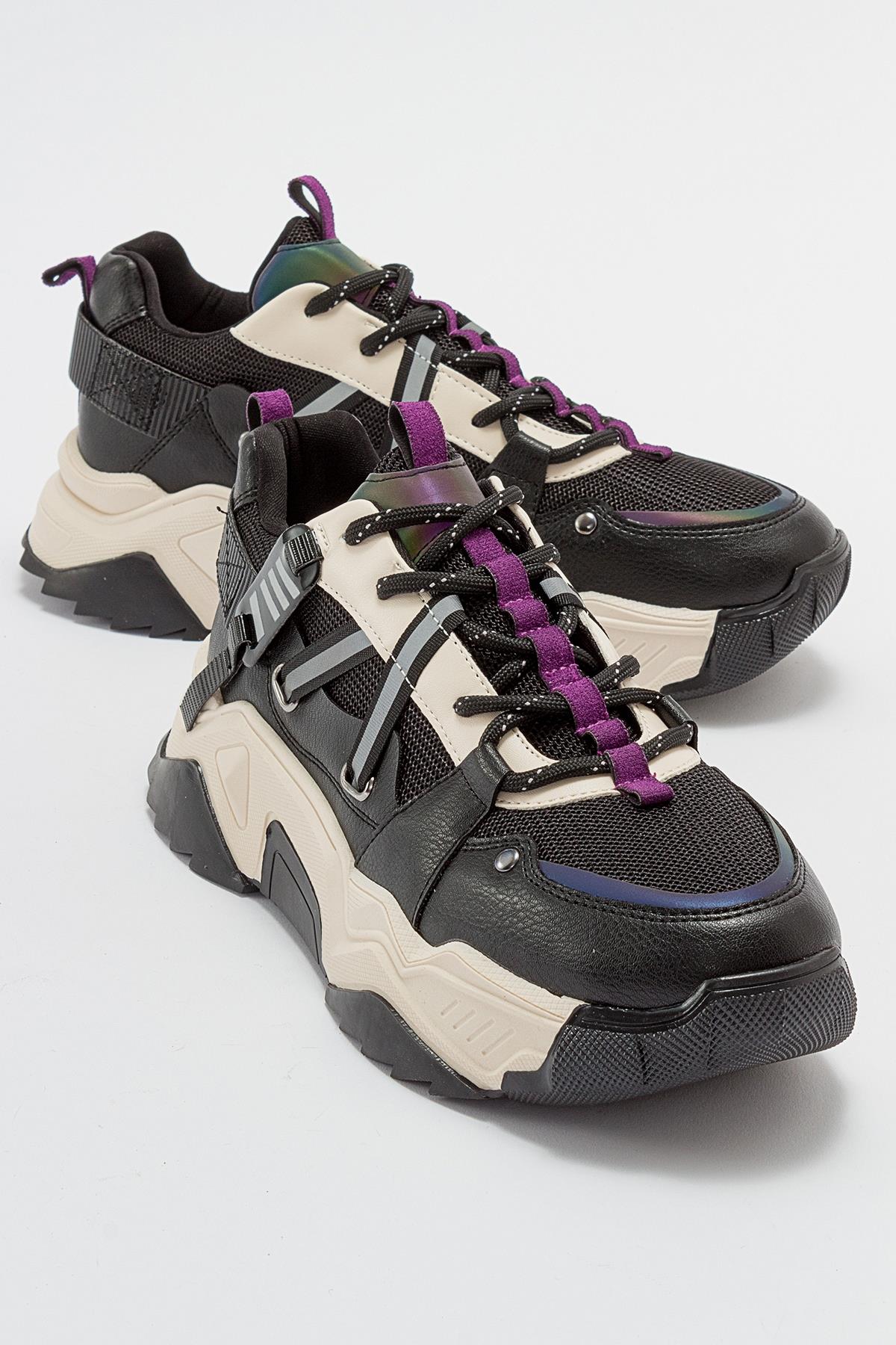 Maggie - Black Purple Sport Sneakers – front three-quarter view showing leather, black, Vowalisse