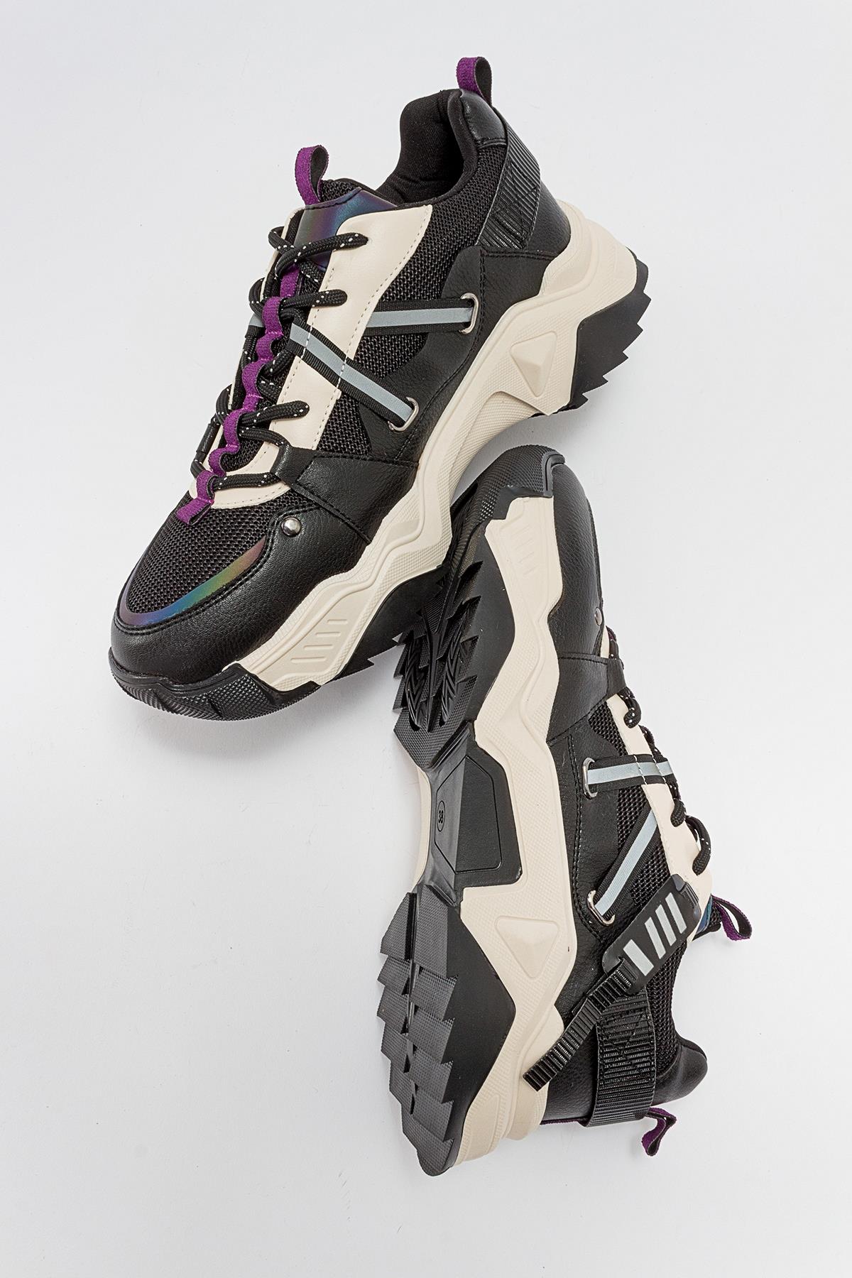 Maggie - Black Purple Sport Sneakers – side view showing leather, black, Vowalisse