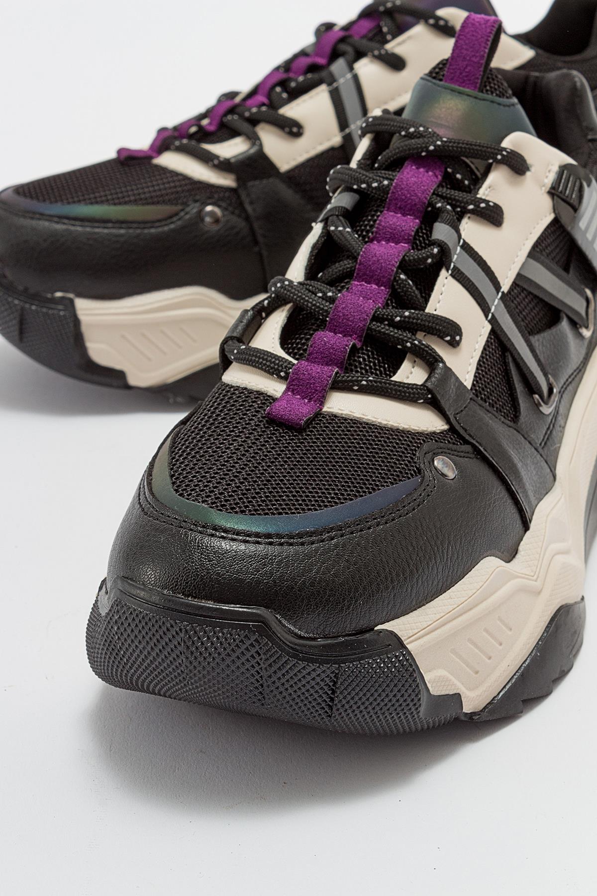 Maggie - Black Purple Sport Sneakers – detail view showing leather, black, Vowalisse