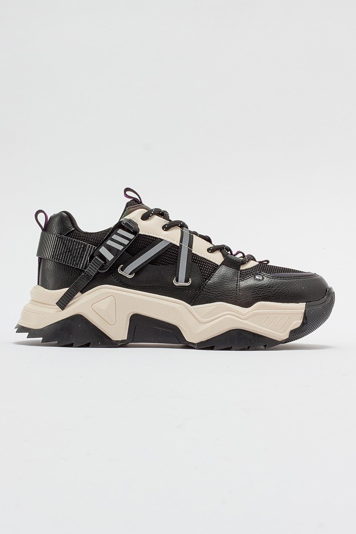 Maggie - Black Purple Sport Sneakers – top view showing leather, black, Vowalisse