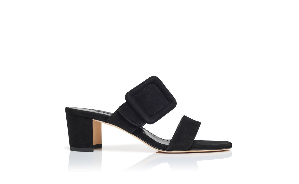Rosalie Pearl Black Open Toe Mules – side profile showing black open toe, suede, Vowalisse
