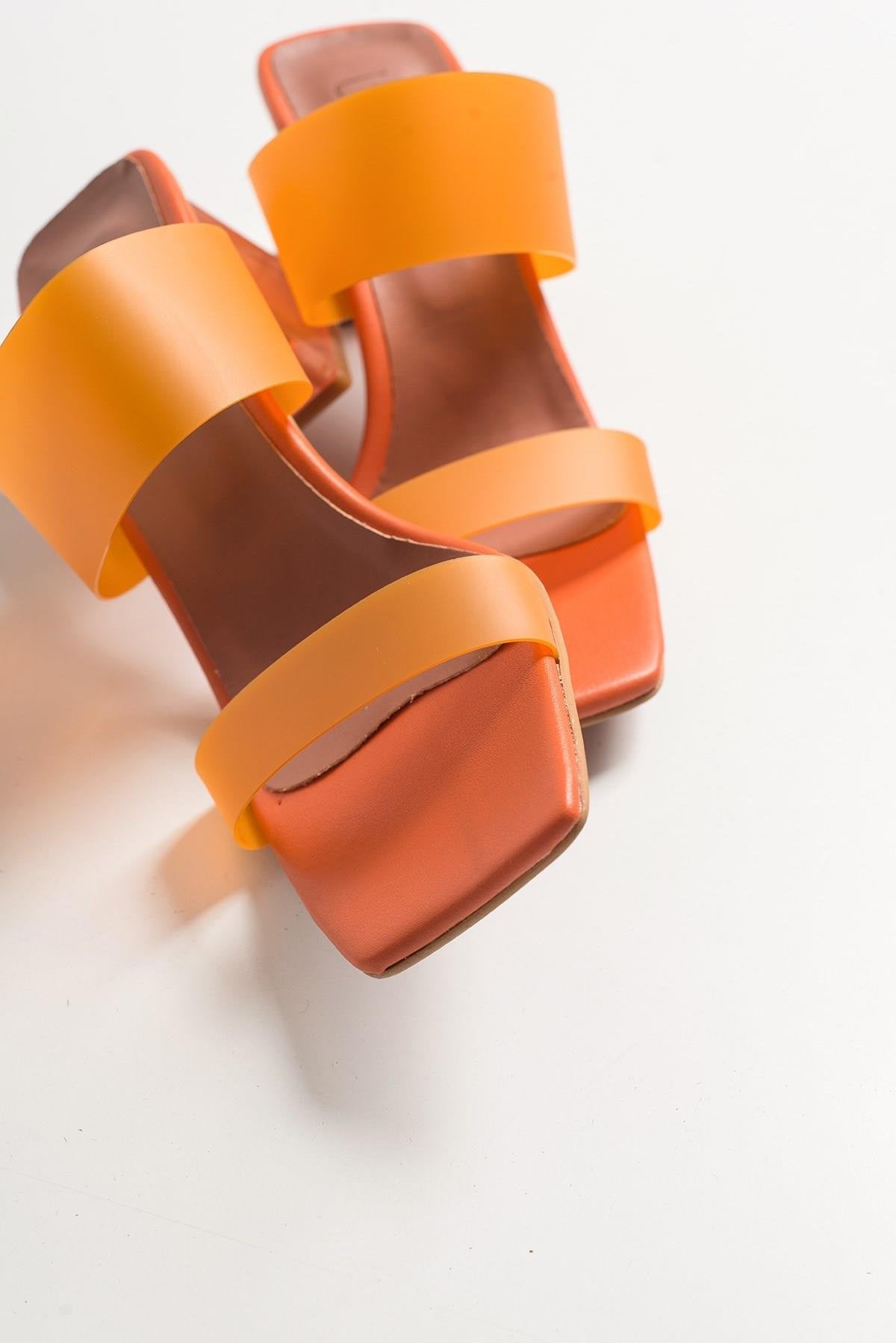 Elara Orange Transparent Strap Sandal – detail view showing leather, Vowalisse