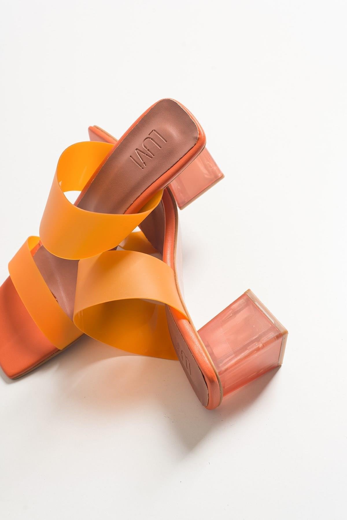 Elara Orange Transparent Strap Sandal – heel view showing leather, Vowalisse