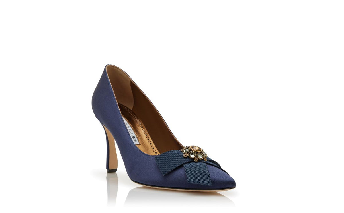 Celeste Velvet Blue Bow Detail Pumps – top view showing blue bow detail, pointed toe, satin, Vowalisse
