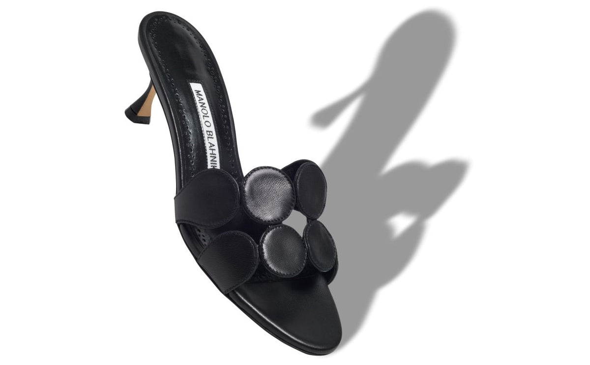 Violetta Dream Black Open Toe Mules – front three-quarter view showing black open toe, nappa leather, Vowalisse