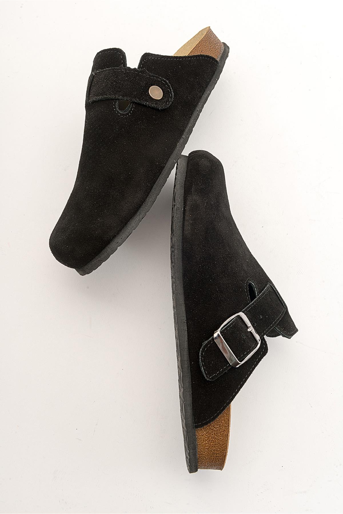 Gons - Black Suede Leather Clogs – detail view showing leather, suede, black, Vowalisse