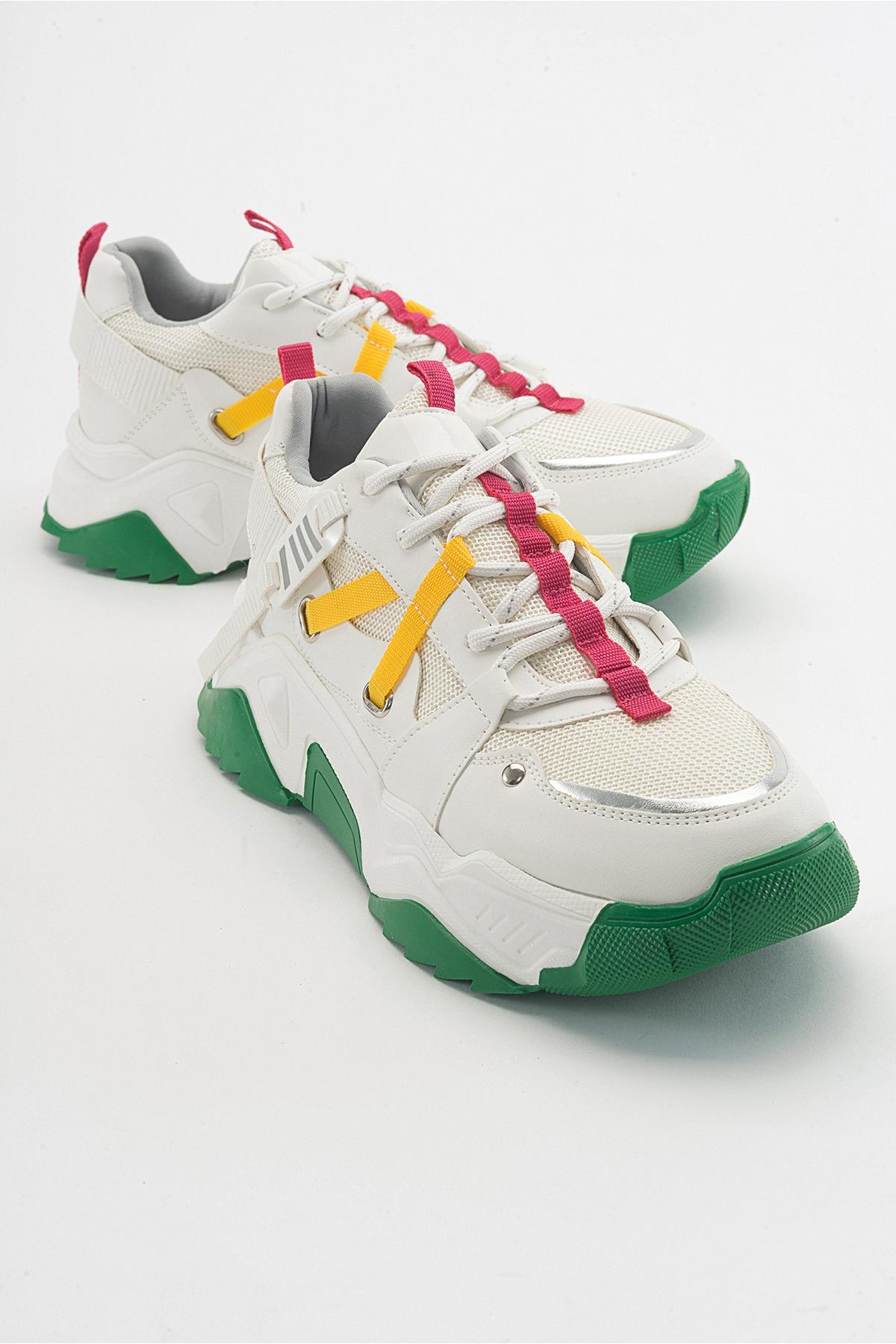 Maggie - White Fuchsia Sport Sneakers – front three-quarter view showing leather, white, red, Vowalisse